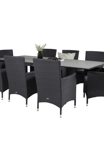 VENTURE DESIGN havest m Levels bord m. udtrk og 8 Malin stole m. armln - sort rattan/gr aintwood