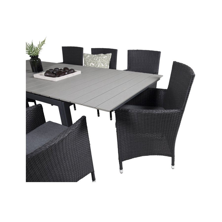 VENTURE DESIGN havest m Levels bord m. udtrk og 8 Malin stole m. armln - sort rattan/gr aintwood