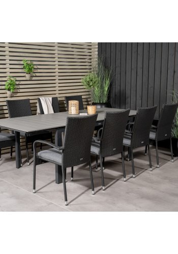 VENTURE DESIGN havest m. Levels bord m. udtrk og 8 Anna stole m. armln - gr aintwood/sort rattan