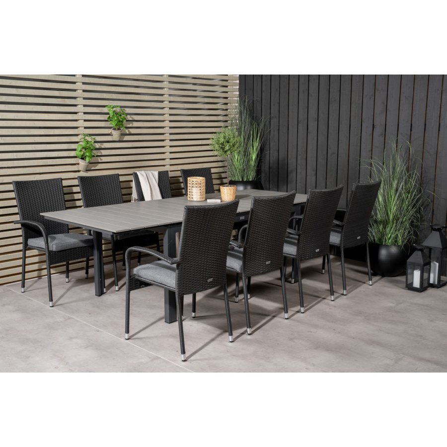 VENTURE DESIGN havest m. Levels bord m. udtrk og 8 Anna stole m. armln - gr aintwood/sort rattan