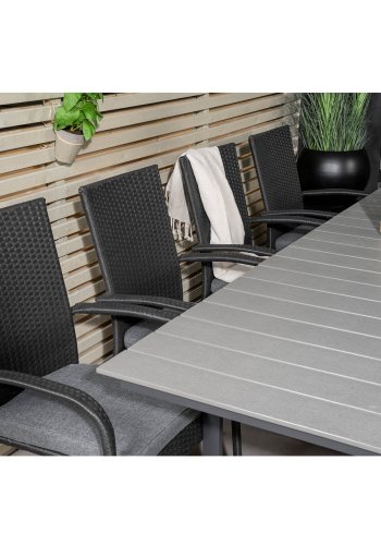 VENTURE DESIGN havest m. Levels bord m. udtrk og 8 Anna stole m. armln - gr aintwood/sort rattan