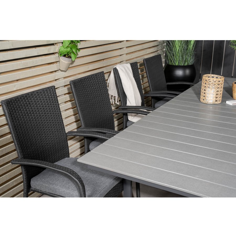 VENTURE DESIGN havest m. Levels bord m. udtrk og 8 Anna stole m. armln - gr aintwood/sort rattan