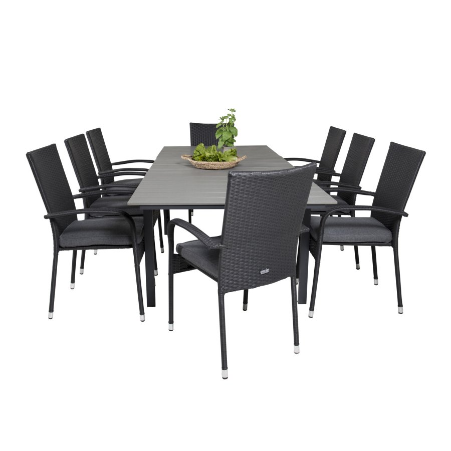 VENTURE DESIGN havest m. Levels bord m. udtrk og 8 Anna stole m. armln - gr aintwood/sort rattan