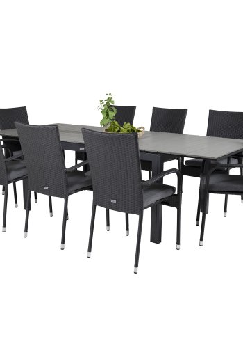 VENTURE DESIGN havest m. Levels bord m. udtrk og 8 Anna stole m. armln - gr aintwood/sort rattan