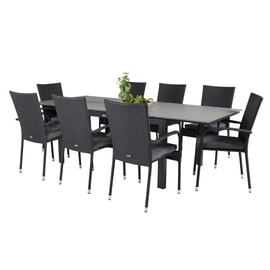 VENTURE DESIGN havest m. Levels bord m. udtrk og 8 Anna stole m. armln - gr aintwood/sort rattan