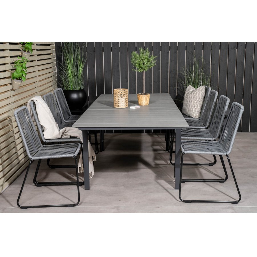 VENTURE DESIGN havest m. Levels bord m. udtrk og 8 Lindos stole - gr aintwood/reb/sort alu