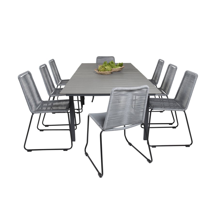 VENTURE DESIGN havest m. Levels bord m. udtrk og 8 Lindos stole - gr aintwood/reb/sort alu