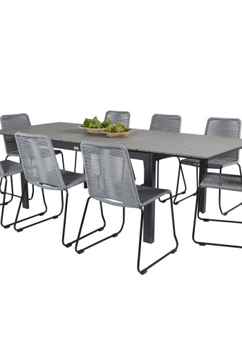 VENTURE DESIGN havest m. Levels bord m. udtrk og 8 Lindos stole - gr aintwood/reb/sort alu