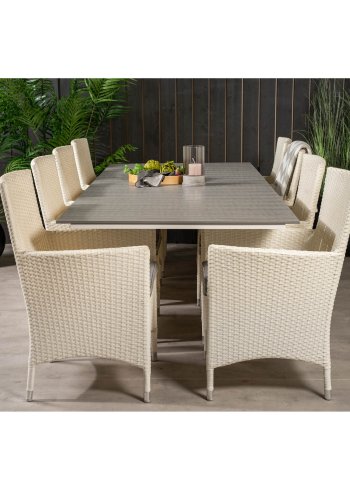 VENTURE DESIGN havest m Levels bord m. udtrk og 8 Malin stole m. armln - hvid rattan/gr aintwood