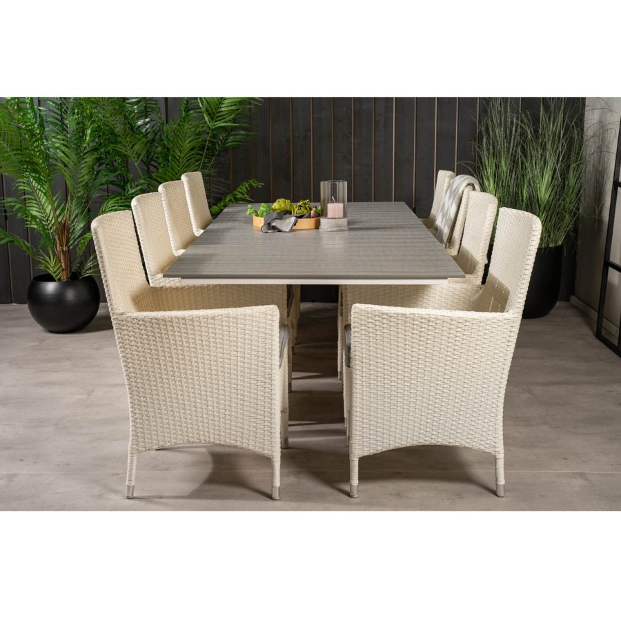 VENTURE DESIGN havest m Levels bord m. udtrk og 8 Malin stole m. armln - hvid rattan/gr aintwood
