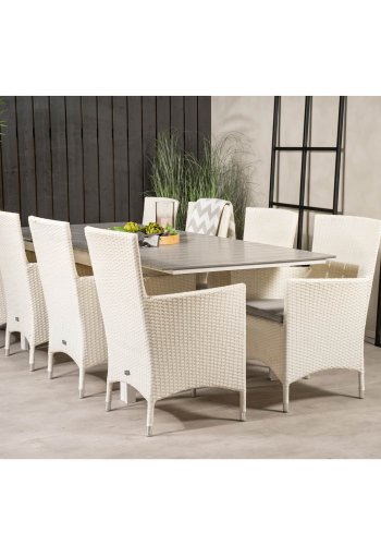 VENTURE DESIGN havest m Levels bord m. udtrk og 8 Malin stole m. armln - hvid rattan/gr aintwood