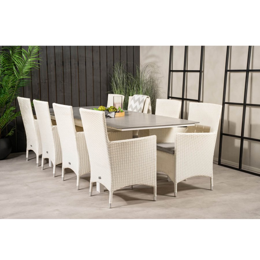 VENTURE DESIGN havest m Levels bord m. udtrk og 8 Malin stole m. armln - hvid rattan/gr aintwood