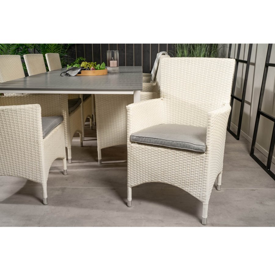 VENTURE DESIGN havest m Levels bord m. udtrk og 8 Malin stole m. armln - hvid rattan/gr aintwood