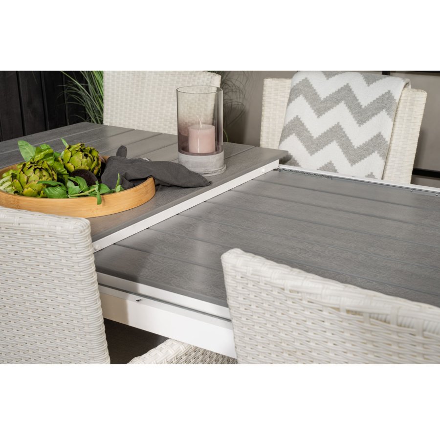 VENTURE DESIGN havest m Levels bord m. udtrk og 8 Malin stole m. armln - hvid rattan/gr aintwood