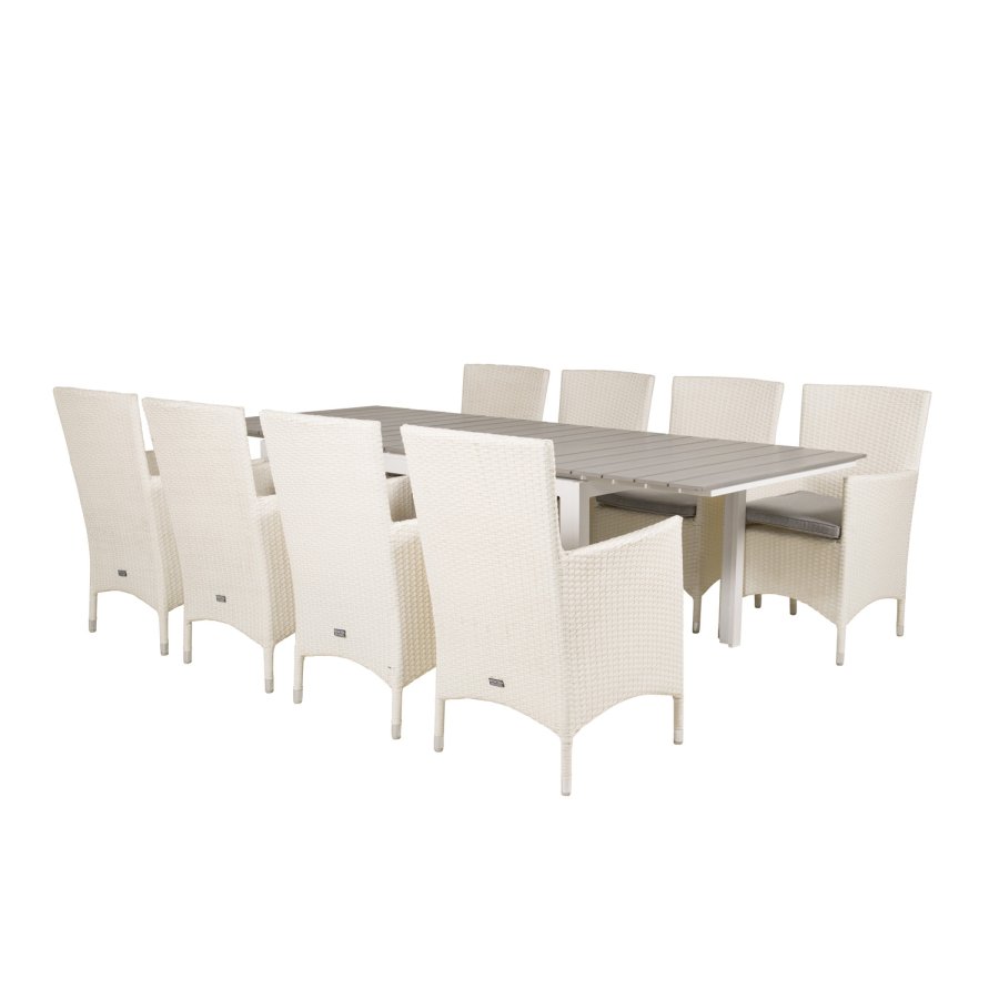 VENTURE DESIGN havest m Levels bord m. udtrk og 8 Malin stole m. armln - hvid rattan/gr aintwood