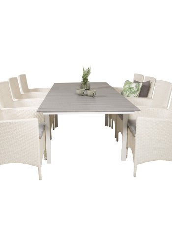 VENTURE DESIGN havest m Levels bord m. udtrk og 8 Malin stole m. armln - hvid rattan/gr aintwood