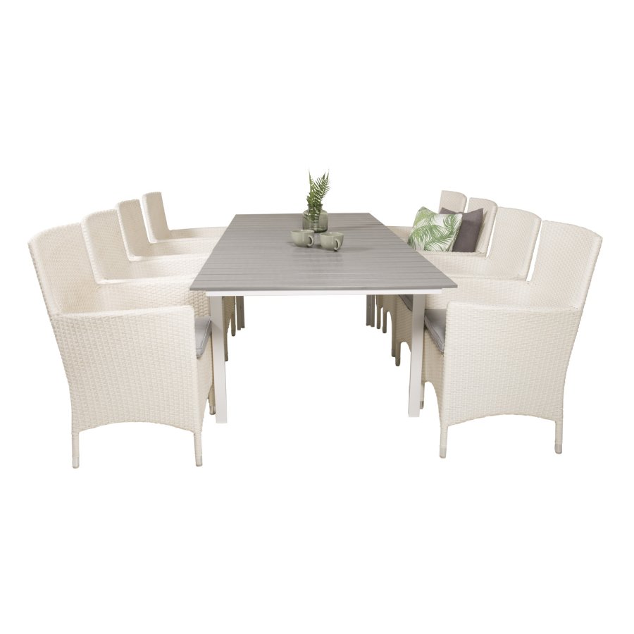 VENTURE DESIGN havest m Levels bord m. udtrk og 8 Malin stole m. armln - hvid rattan/gr aintwood