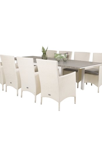 VENTURE DESIGN havest m Levels bord m. udtrk og 8 Malin stole m. armln - hvid rattan/gr aintwood