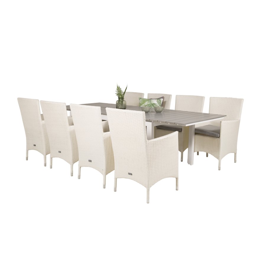 VENTURE DESIGN havest m Levels bord m. udtrk og 8 Malin stole m. armln - hvid rattan/gr aintwood