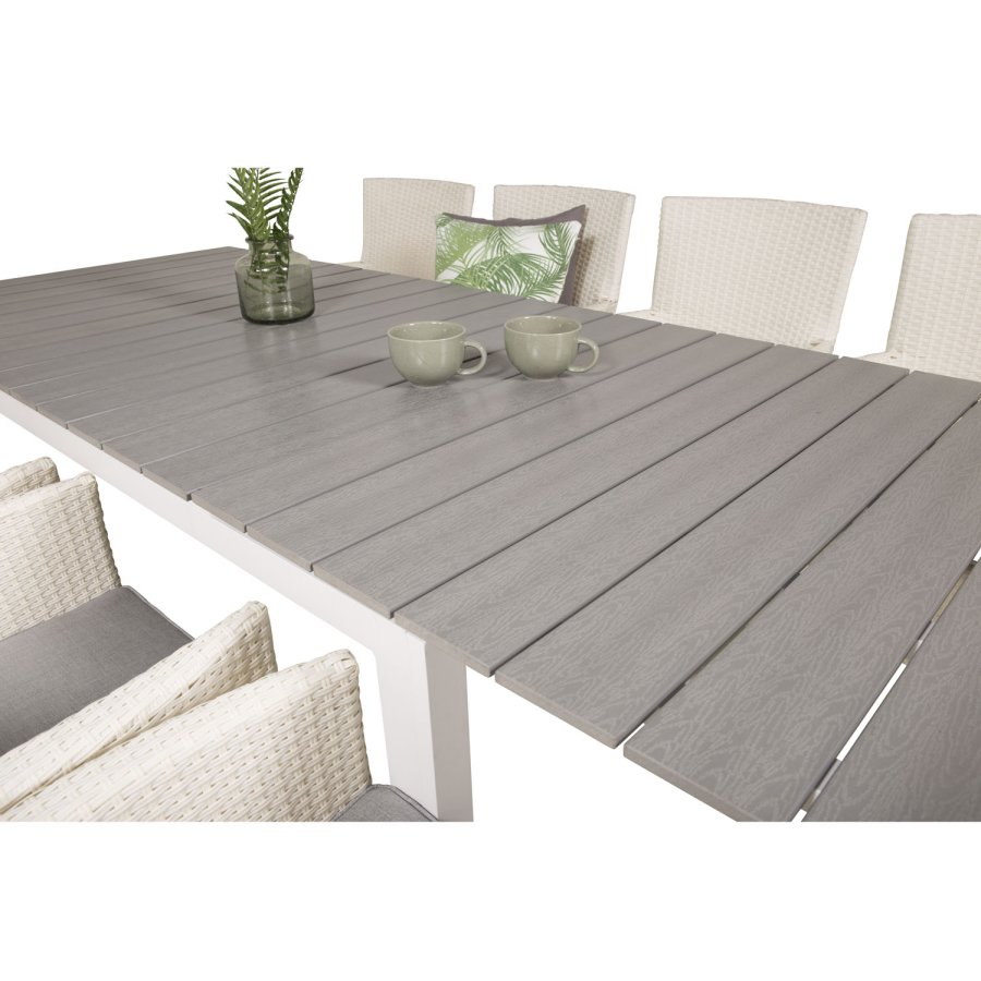 VENTURE DESIGN havest m Levels bord m. udtrk og 8 Malin stole m. armln - hvid rattan/gr aintwood