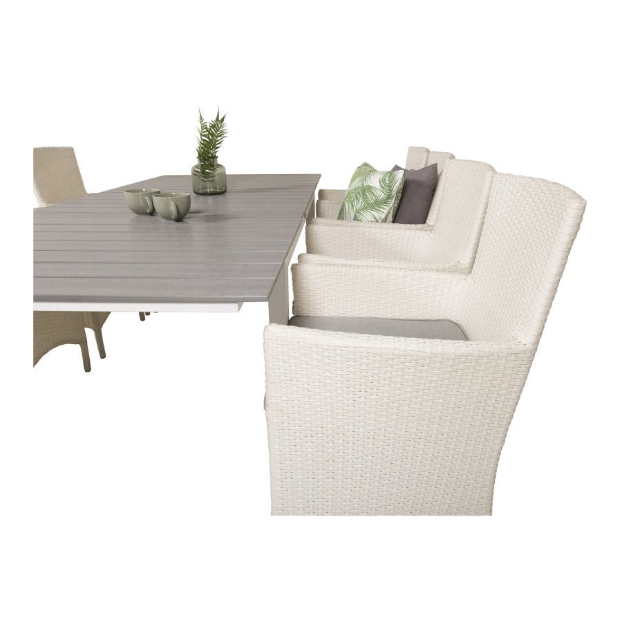 VENTURE DESIGN havest m Levels bord m. udtrk og 8 Malin stole m. armln - hvid rattan/gr aintwood