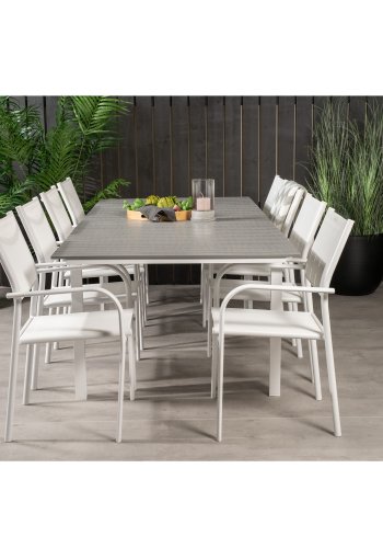 VENTURE DESIGN havest m Levels bord m. udtrk og 8 Santorini stole m armln - gr aintwood/hvid alu