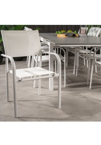 VENTURE DESIGN havest m Levels bord m. udtrk og 8 Santorini stole m armln - gr aintwood/hvid alu