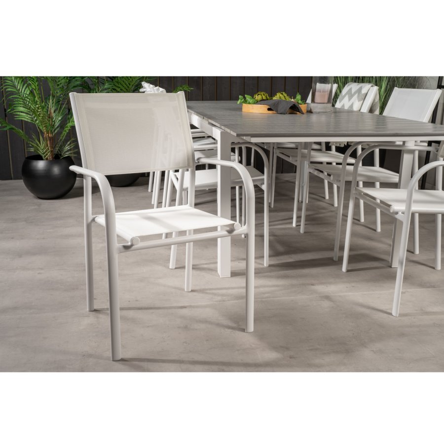 VENTURE DESIGN havest m Levels bord m. udtrk og 8 Santorini stole m armln - gr aintwood/hvid alu