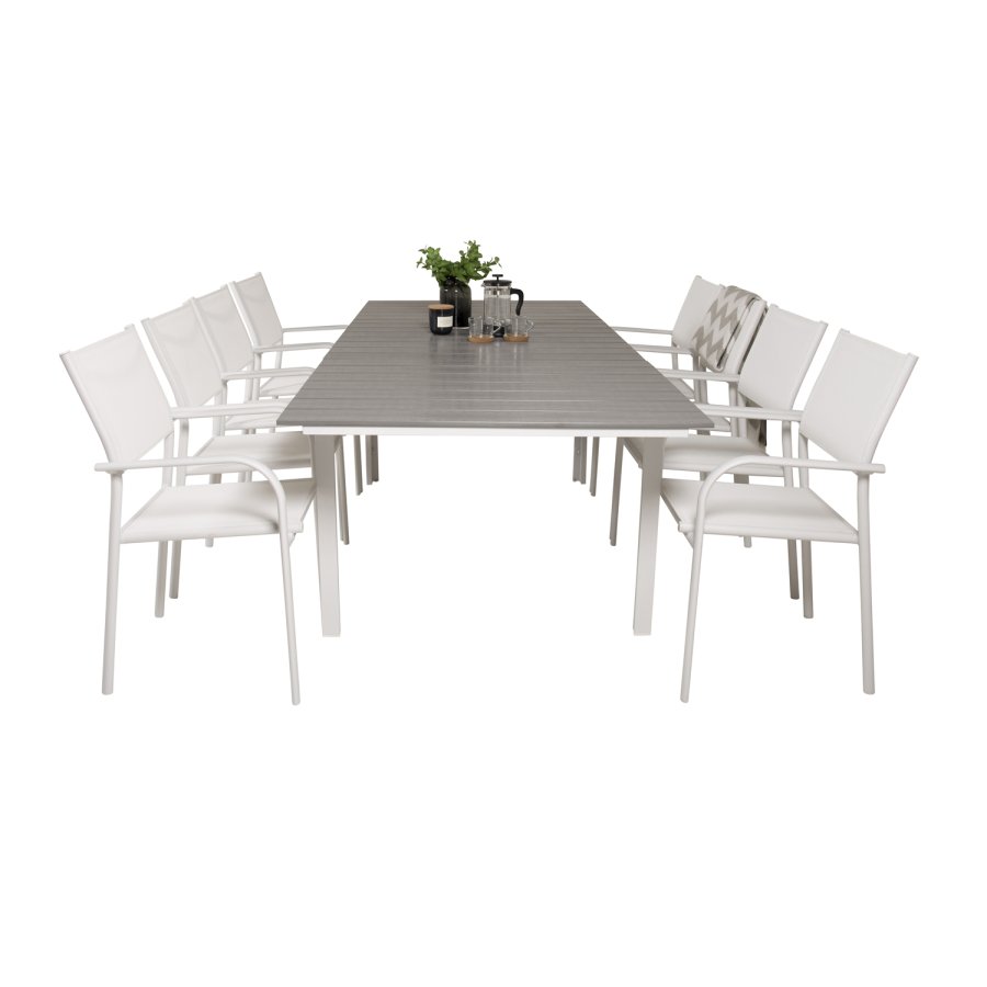 VENTURE DESIGN havest m Levels bord m. udtrk og 8 Santorini stole m armln - gr aintwood/hvid alu