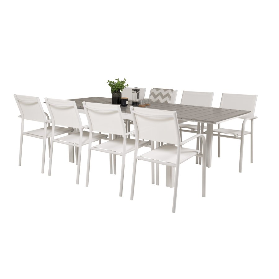 VENTURE DESIGN havest m Levels bord m. udtrk og 8 Santorini stole m armln - gr aintwood/hvid alu