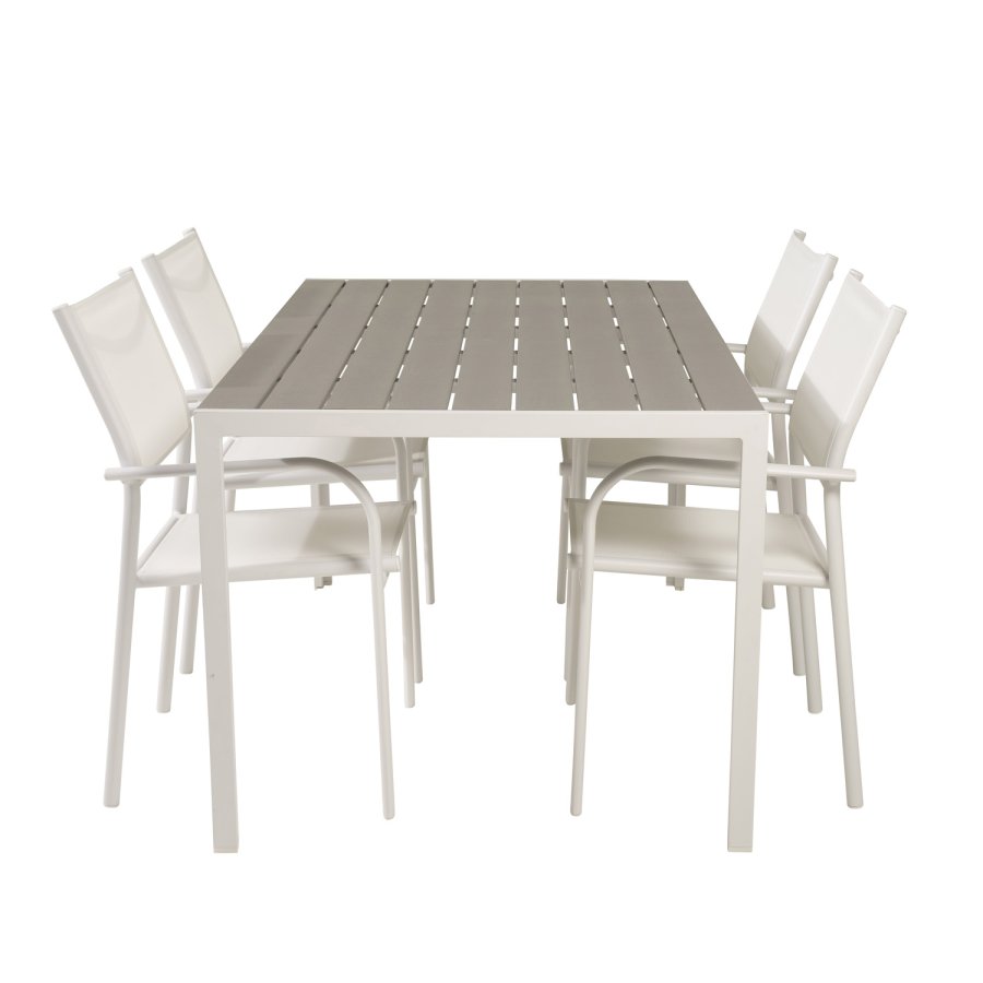 VENTURE DESIGN havebord m. Break bord og 4 Santorini stole m. armln - hvid alu og gr aintwood 