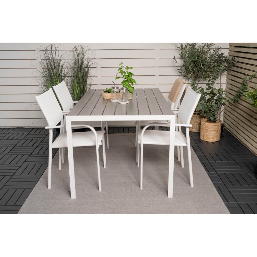 VENTURE DESIGN havebord m. Break bord og 4 Santorini stole m. armln - hvid alu og gr aintwood 
