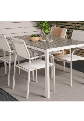 VENTURE DESIGN havebord m. Break bord og 4 Santorini stole m. armln - hvid alu og gr aintwood 