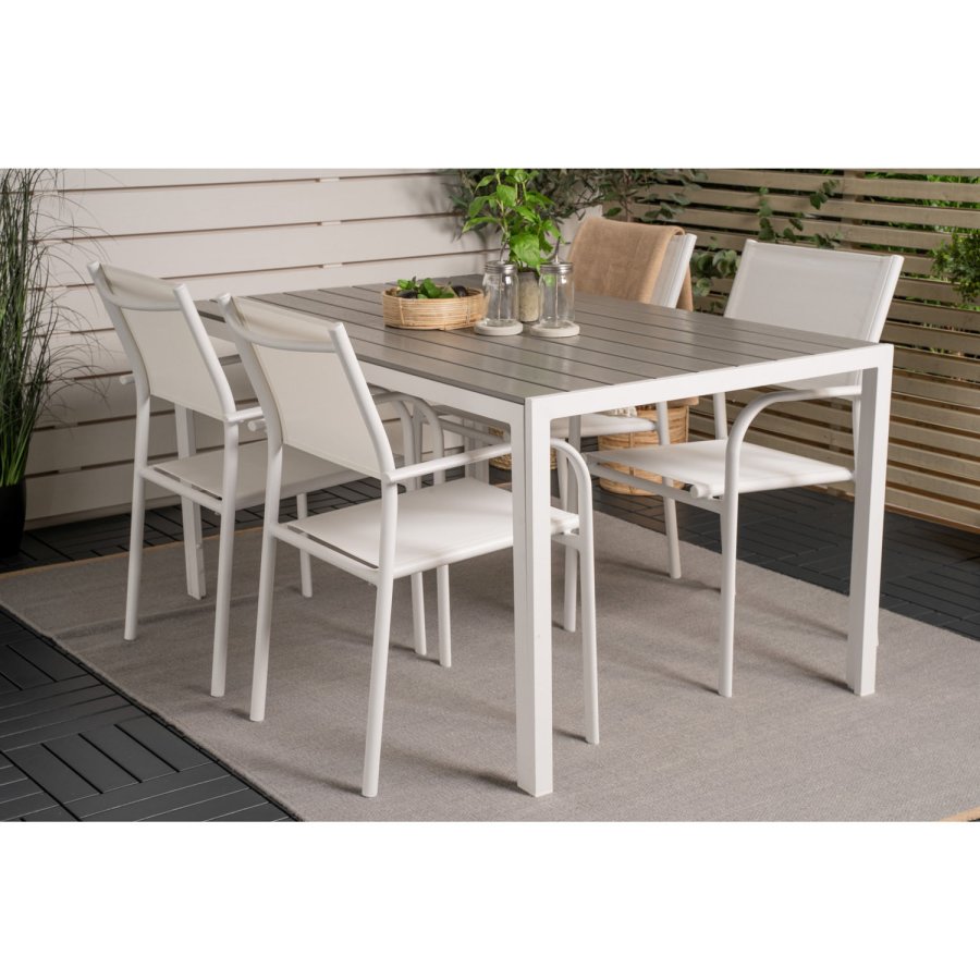 VENTURE DESIGN havebord m. Break bord og 4 Santorini stole m. armln - hvid alu og gr aintwood 