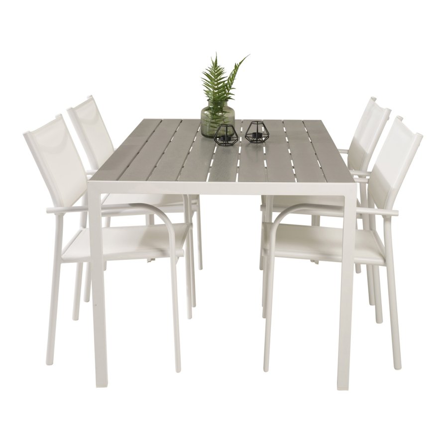 VENTURE DESIGN havebord m. Break bord og 4 Santorini stole m. armln - hvid alu og gr aintwood 
