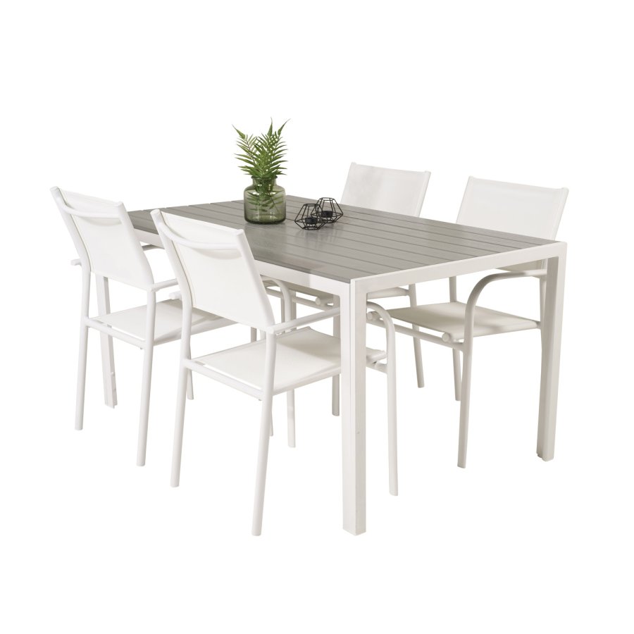 VENTURE DESIGN havebord m. Break bord og 4 Santorini stole m. armln - hvid alu og gr aintwood 