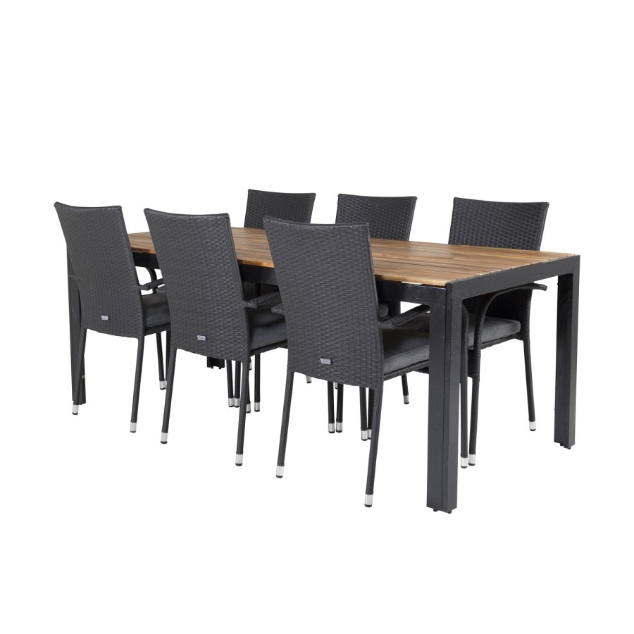 VENTURE DESIGN havest, m. Bois bord (200x100) og 6 Anna stole, m. armln - akacie/alu/rattan