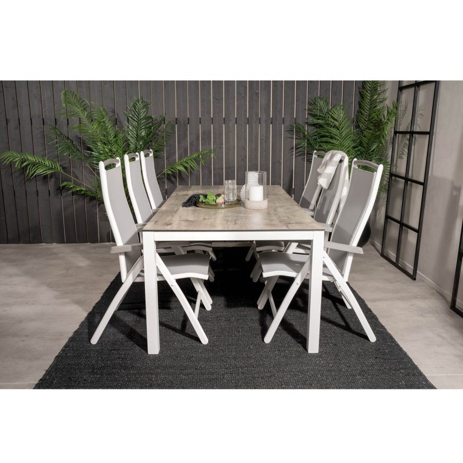 VENTURE DESIGN havest, m. Llama bord (205x100) og 6 Albany 5:pos stole - laminat/alu/aintwood