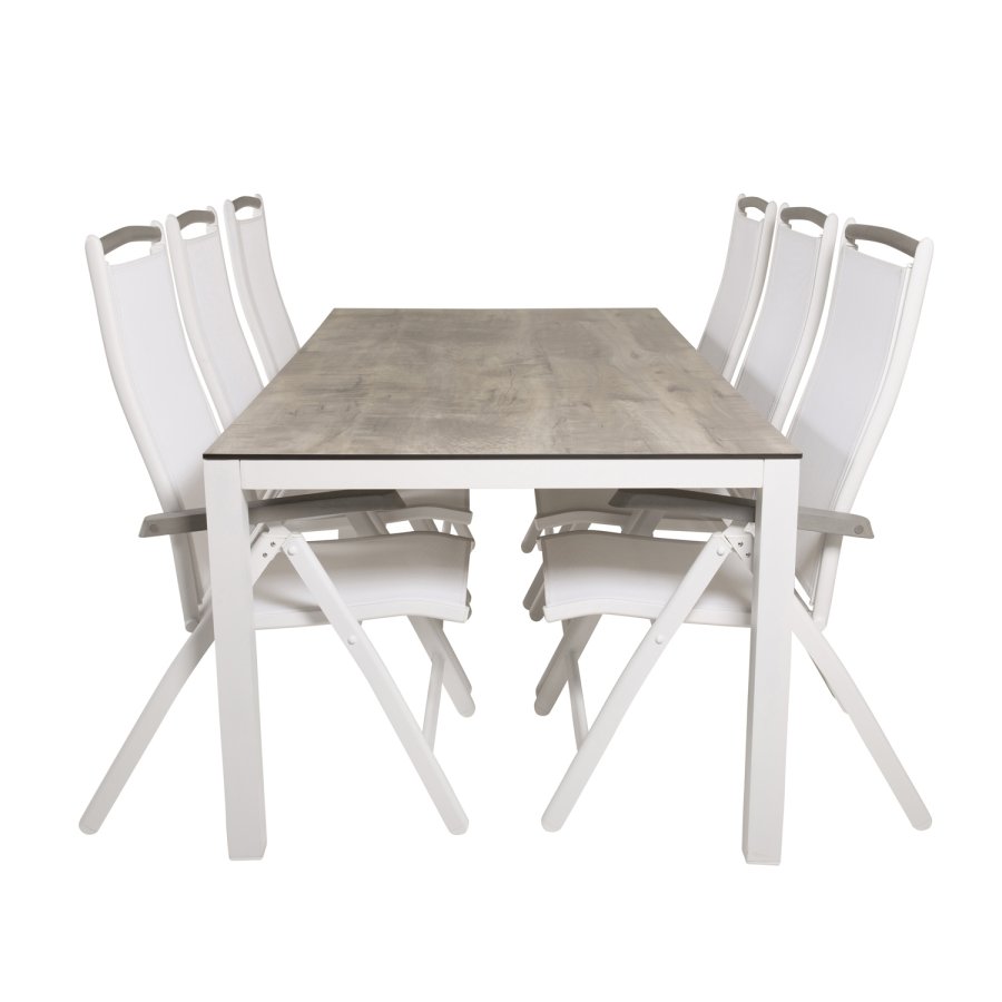 VENTURE DESIGN havest, m. Llama bord (205x100) og 6 Albany 5:pos stole - laminat/alu/aintwood