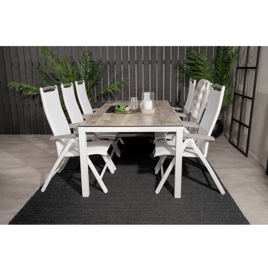 VENTURE DESIGN havest, m. Llama bord (205x100) og 6 Albany 5:pos stole - laminat/alu/aintwood