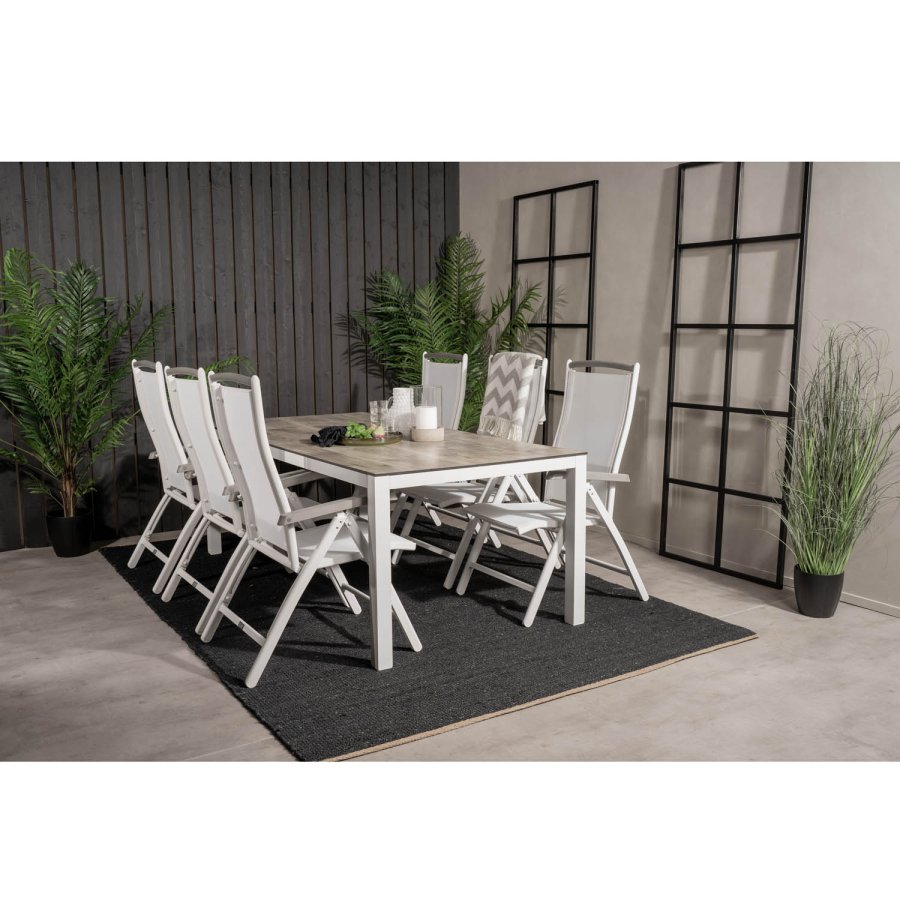 VENTURE DESIGN havest, m. Llama bord (205x100) og 6 Albany 5:pos stole - laminat/alu/aintwood