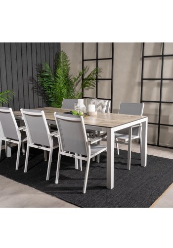 VENTURE DESIGN havest, m. Llama bord (205x100) og 6 Parma stole, m. armln - laminat/alu/aintwood