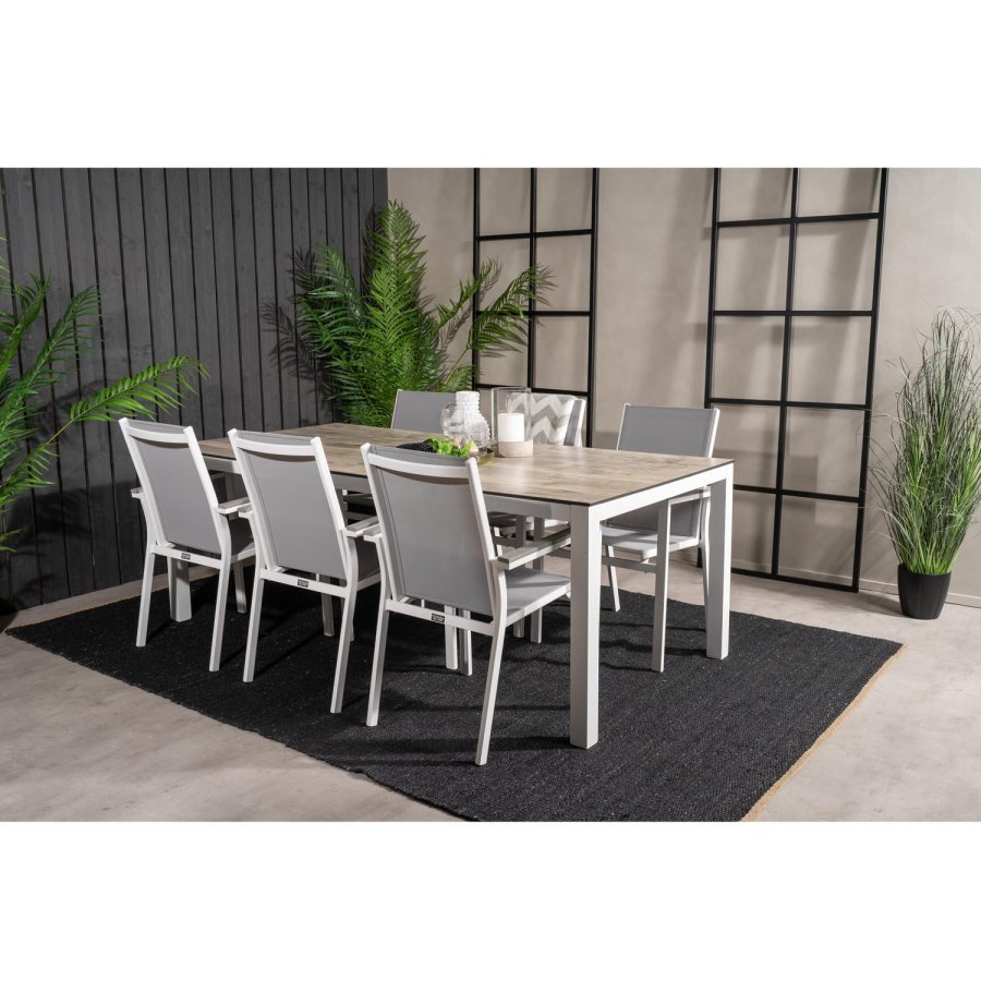 VENTURE DESIGN havest, m. Llama bord (205x100) og 6 Parma stole, m. armln - laminat/alu/aintwood