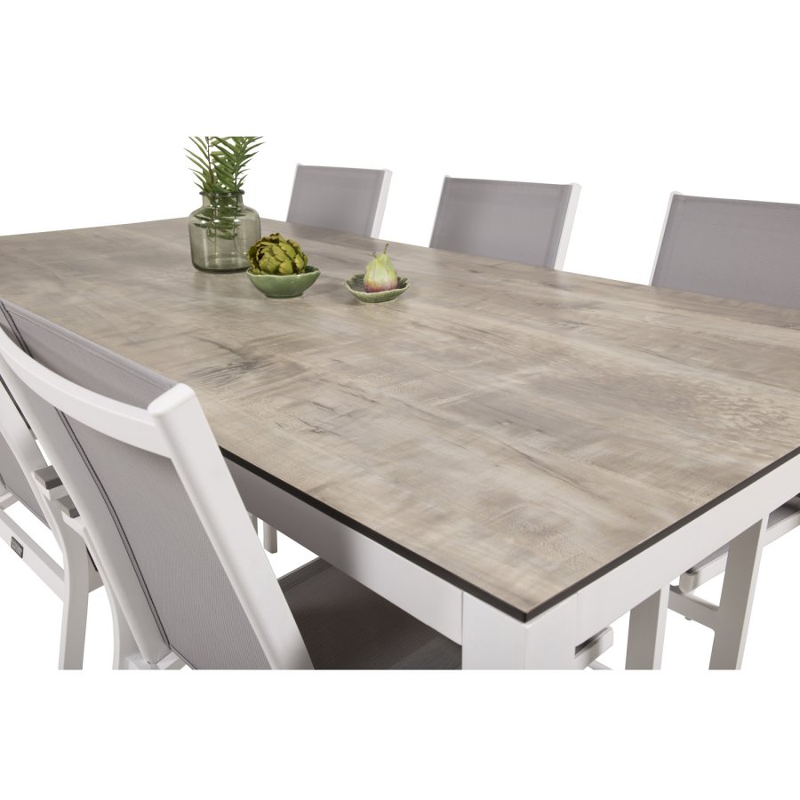 VENTURE DESIGN havest, m. Llama bord (205x100) og 6 Parma stole, m. armln - laminat/alu/aintwood