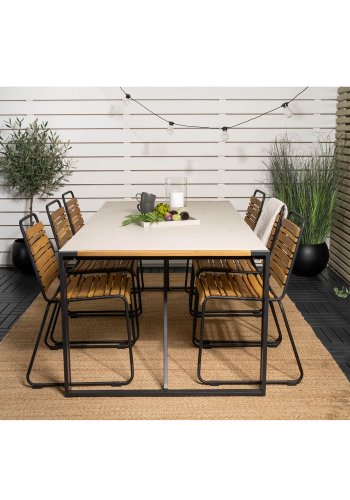 VENTURE DESIGN havest m. Texas bord (200x100) og 6 Bois stole - akacietr/grt sprayglass/sort alu