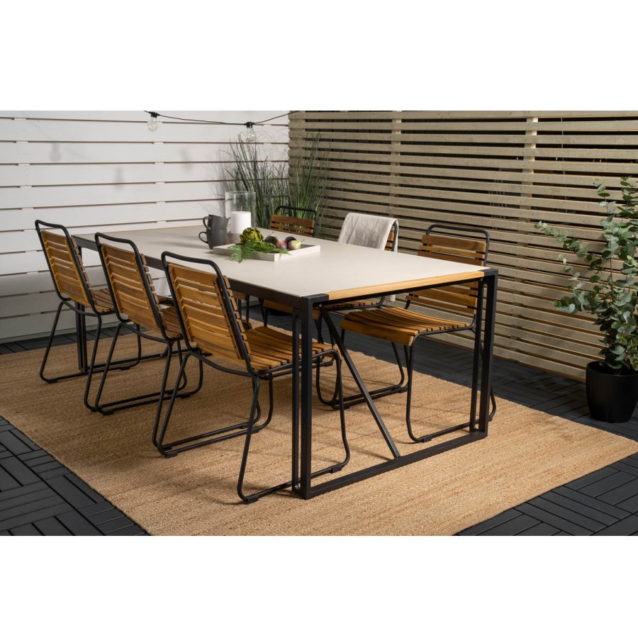 VENTURE DESIGN havest m. Texas bord (200x100) og 6 Bois stole - akacietr/grt sprayglass/sort alu