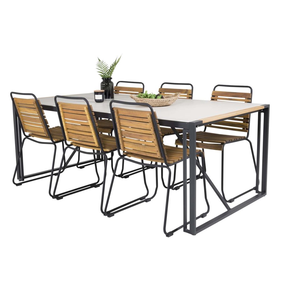 VENTURE DESIGN havest m. Texas bord (200x100) og 6 Bois stole - akacietr/grt sprayglass/sort alu