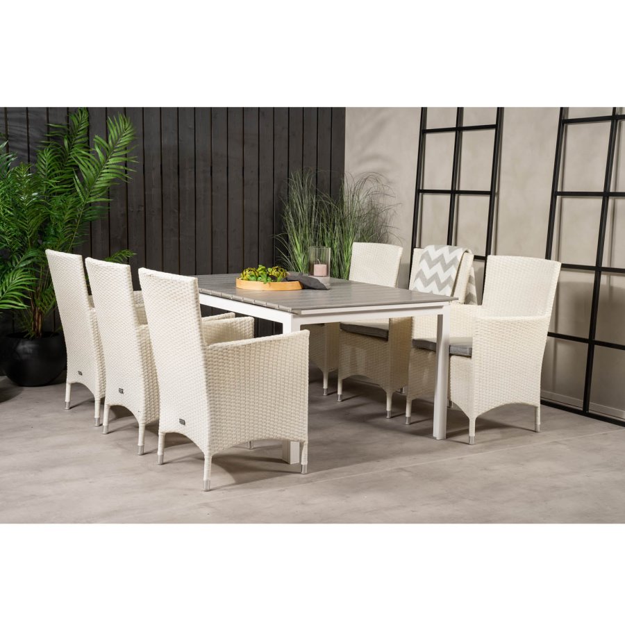 VENTURE DESIGN havest, m. Levels bord, m. udtrk og 6 Malin stole, m. armln - aintwood/alu