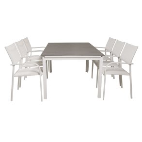 VENTURE DESIGN havest, m. Levels bord, m. udtrk og 6 Santorini stole, m. armln - aintwood/alu 