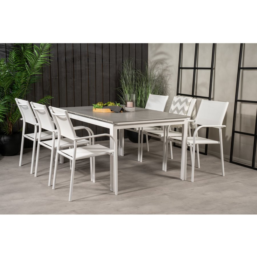 VENTURE DESIGN havest, m. Levels bord, m. udtrk og 6 Santorini stole, m. armln - aintwood/alu 